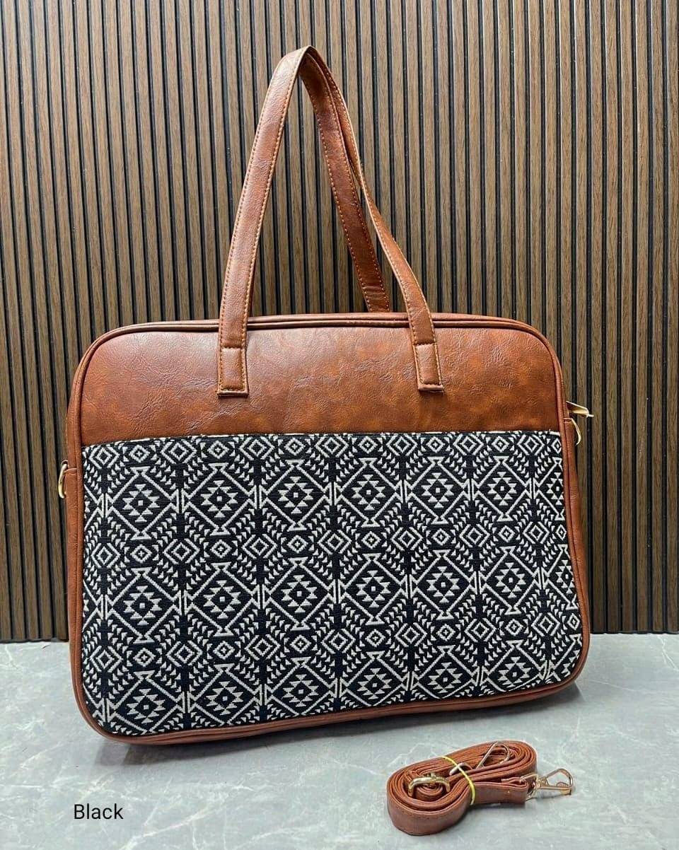 Black Detailed Pattern Jacquard Luxe Laptop Bag with Brown Leatherite